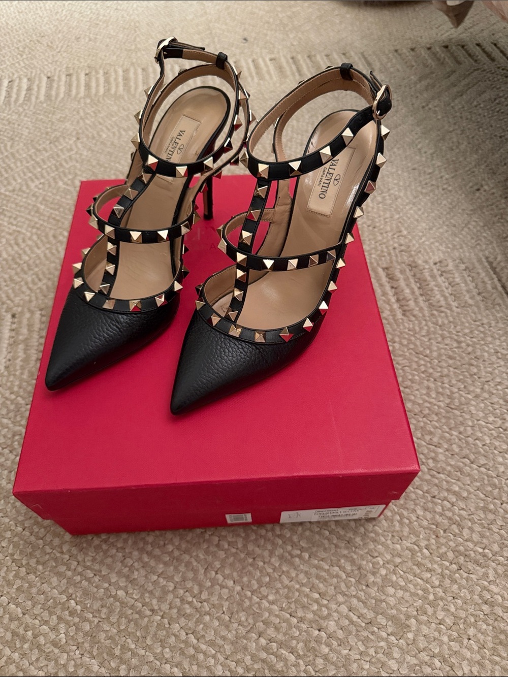 Valentino Black Leather Rockstud T-Strap Pointed Heel